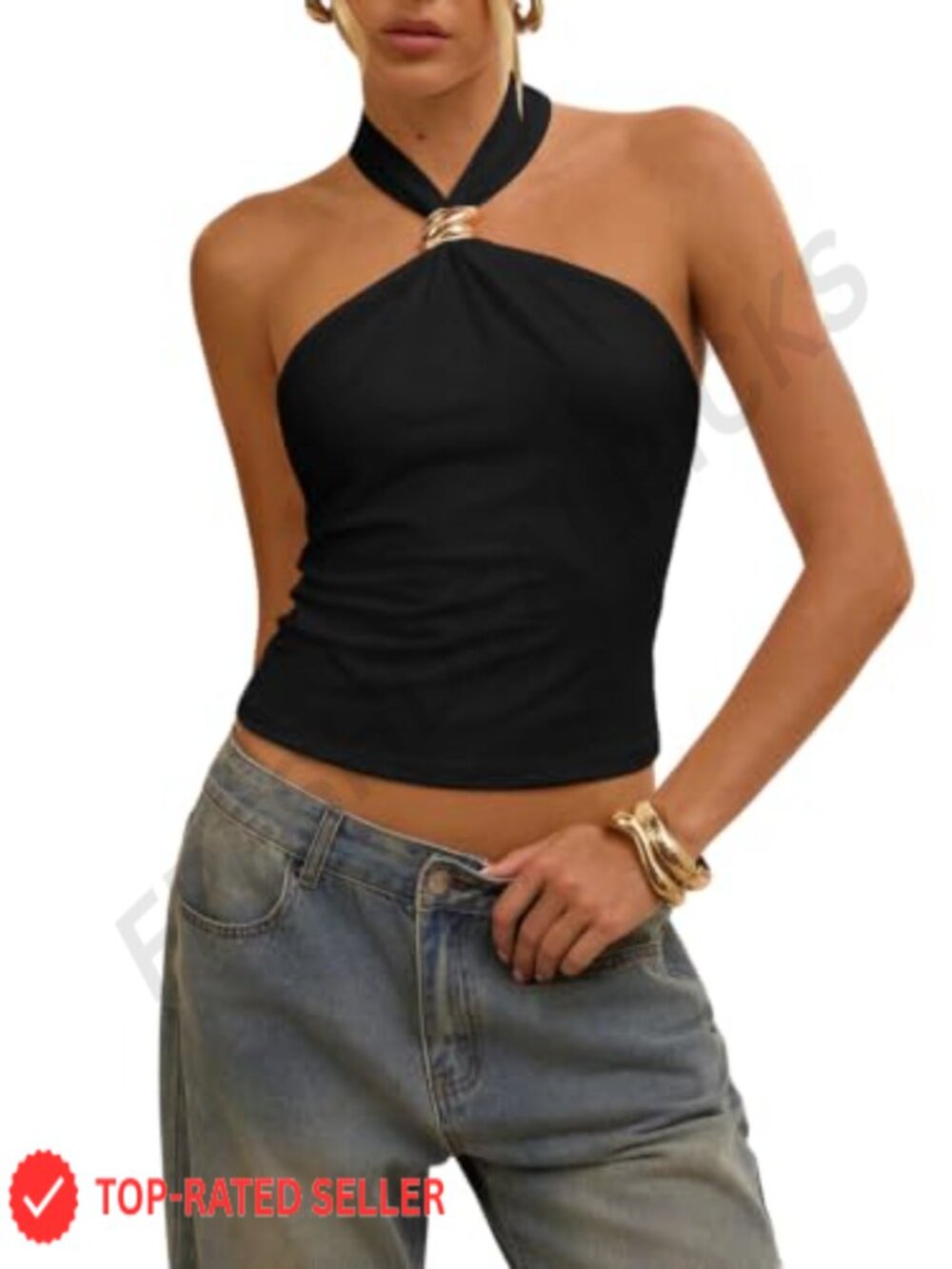 Sleeveless Metal Ring Halter Top Tie Backless Slim Fit Beach Camisole